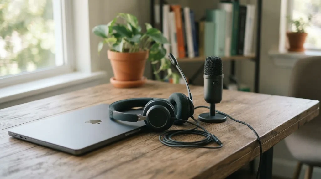 Headset und Mikrofon an einem Arbeitsplatz