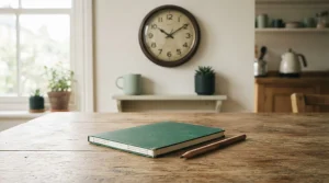 Notizbuch und Uhr auf einem Tisch