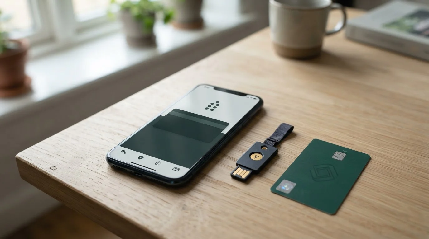 Smartphone mit digitaler Zahlungsübersicht und Sicherheitsgerät