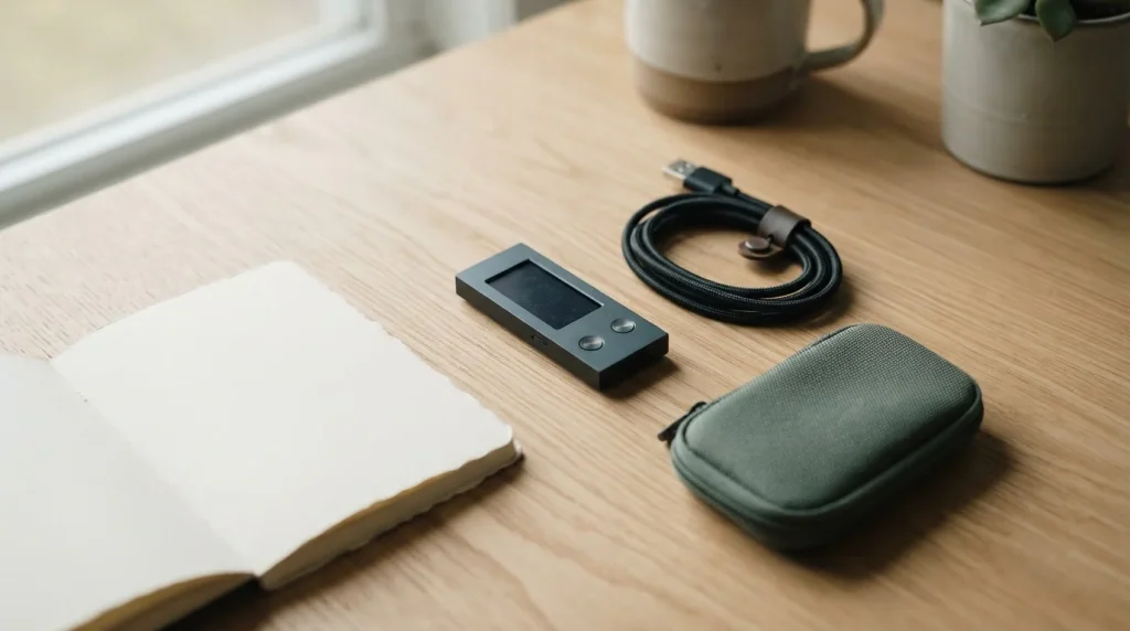 Hardware-Wallet mit Anschlusskabel und Transaktionsübersicht